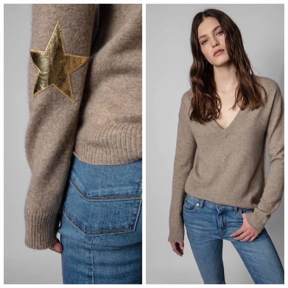 Zadig & Voltaire Vivi WS Gold Star Elbow Patch Cashmere Sweater M Oatmeal Deep V - Picture 1 of 13